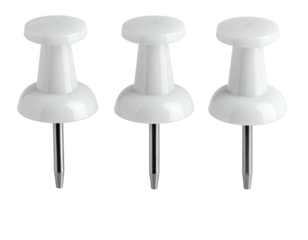 Three white push pins, pointed ends, metal stems