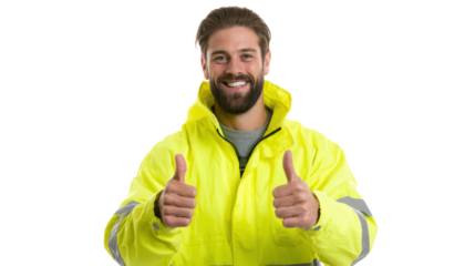 Smiling man in bright safety jacket giving thumbs up, promoting positivity and safety at work, white isolate background.