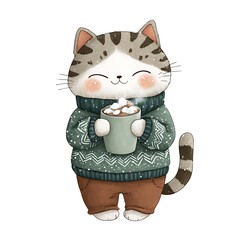 Smiling Tabby Cat Mascot in Green Sweater Holding Hot Cocoa with Marshmallows on White