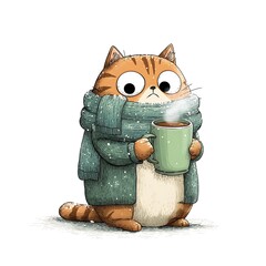 Orange Striped Cat Wrapped in Scarf Holding Hot Cocoa Winter Cozy Mascot Illustration on a White Background