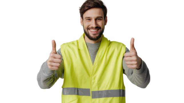 Smiling man in safety vest giving thumbs up on white isolated background.