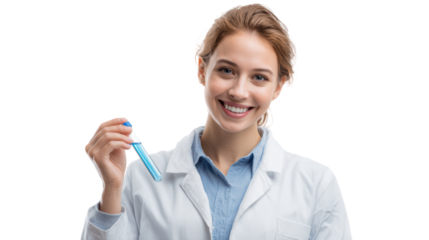 Smiling scientist holding a test tube, showcasing enthusiasm for chemistry and scientific discovery.