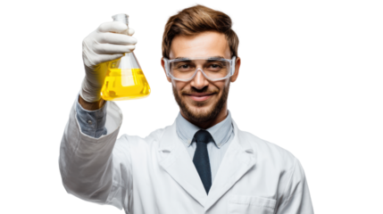 Smiling scientist holding yellow liquid in a flask, wearing protective gloves and goggles, isolated on white.
