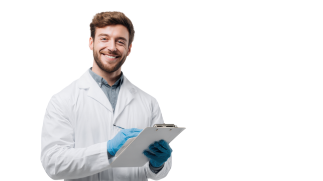 Smiling scientist in a lab coat holding a clipboard, isolated on white background.