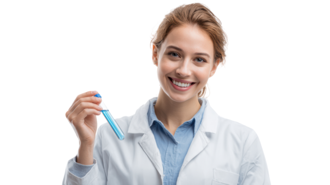 Smiling scientist holding a test tube, showcasing enthusiasm for chemistry and scientific discovery. - Powered by Adobe