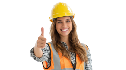 Smiling woman in yellow hard hat gives thumbs up, showcasing positivity and teamwork.