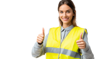 Smiling woman in yellow safety vest giving thumbs up gesture, isolated on white background.