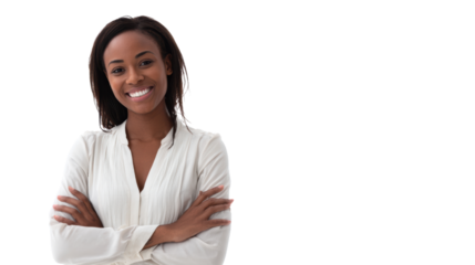 Smiling woman with arms crossed, wearing a white blouse against a white background.