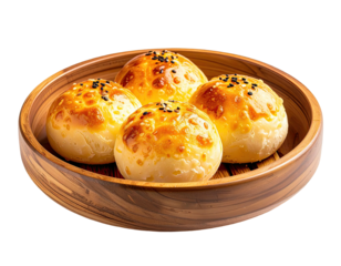 Four golden-brown, round buns in a wooden steamer basket