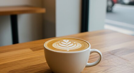 Close-up of a creamy latte with intricate latte art on a wooden table