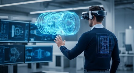 Engineer Using Virtual Reality to Design a 3D Jet Engine.