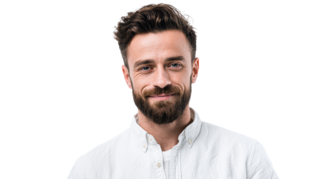 Smiling young man with beard, wearing a white shirt, isolated on a white background.