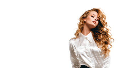 Stylish woman with curly hair posing elegantly in a white shirt against a white background.