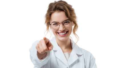 Smiling young woman in lab coat pointing at the viewer, isolated on white background.