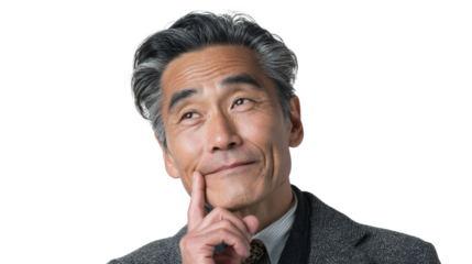 Thoughtful man pondering, isolated on a white background.