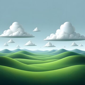 Cartoon landscape with rolling green hills and fluffy clouds in a clear blue sky day dreamscape nature view outdoors scenic serene idyllic