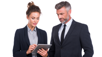 Two business professionals collaborating with a tablet on a white isolate background.