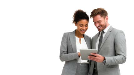 Two professionals sharing ideas while viewing a tablet, isolated on a white background.