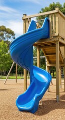 Vibrant blue spiral slide at a playground, offering active recreation