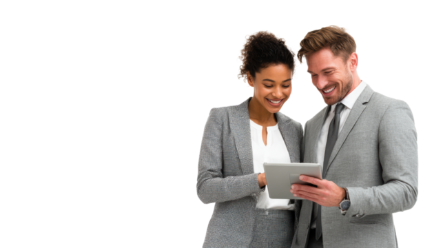 Two professionals sharing ideas while viewing a tablet, isolated on a white background.
