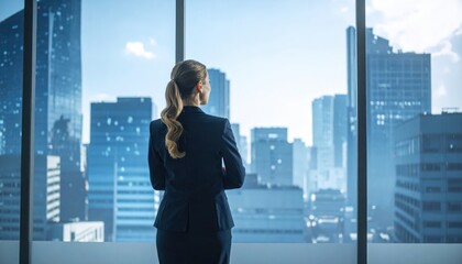 Businesswoman in a suit looking out an office window at a city skyline