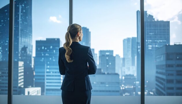 Businesswoman in a suit looking out an office window at a city skyline