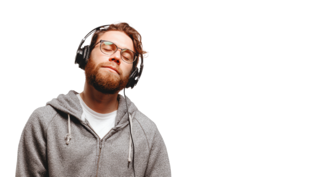 Young man enjoying music with headphones, closed eyes, relaxed expression, casual attire, white isolated background.