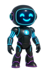 Smiling Futuristic Robot with Neon Blue and Purple Accents and Digital Face
