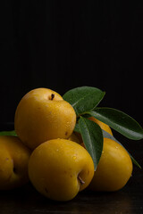 Close-up of a group of yellow plums with green leaves, on a black background, vertically with copy space