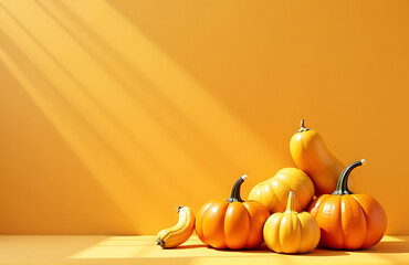 vibrant array gourds squash artfully arranged warm beige background bathed soft radiant glow