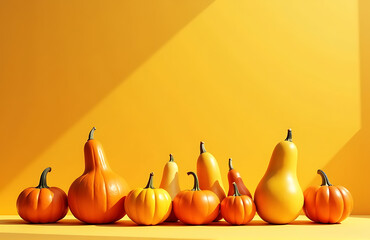 vibrant array gourds squash artfully arranged warm beige background bathed soft radiant glow