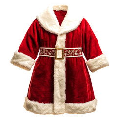 Red velvet Santa coat with white fur trim and gold belt on transparent background