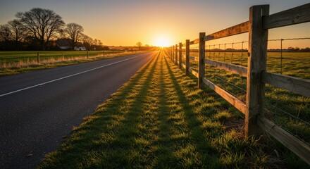 Obraz premium Scenic view of a road wooden fence and landscape at sunset with long shadows and natural lighting