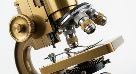 Fototapeta premium Close up view of a scientific brass and metal microscope's precision optical equipment and adjustment knobs