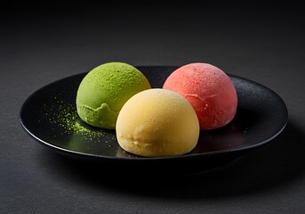Three colorful mochi ice creams