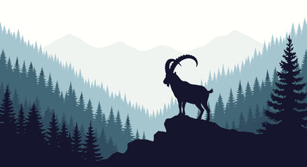 An ibex stands proudly on a rocky outcrop overlooking a misty mountain valley.
