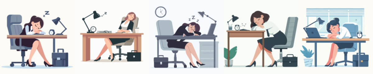set of tired girl after working sleep at desk office