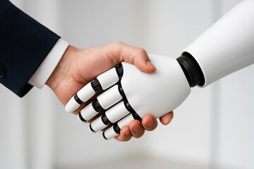 Mensch und Roboter reichen sich die Hand &ndash; Symbol f&uuml;r Zusammenarbeit