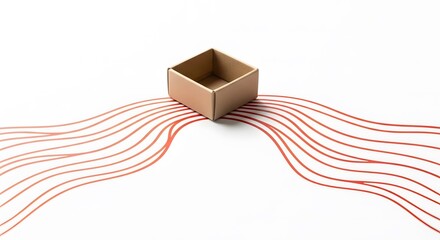 Empty cardboard box with red lines on white background.