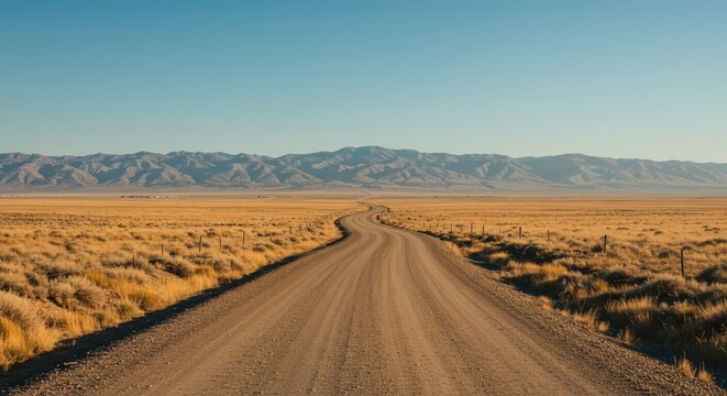 Scenic view of a winding dirt road traversing through a vast open plain towards distant mountain range under a clear blue sky