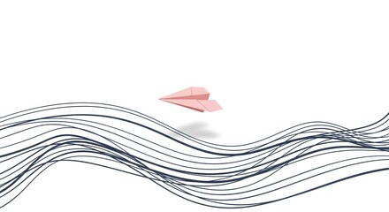Pink paper airplane soaring above abstract wavy lines on a clean white background, symbolizing innovation and progress.