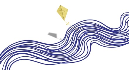 Yellow Kite Flying Over Blue Wavy Lines Representing Water or Wind.