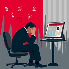 A businessman sits with his head in his hands. Behind him is a computer monitor showing a downtrend graph with the text Breaking news. Concept nterest Rate Cut and Stock Market Crisis Illustration .