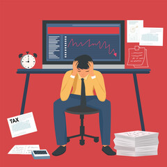 A businessman sits with his head in his hands. Behind him is a computer screen showing a downward trend graph symbol. There are documents scattered around with the message TAX,
