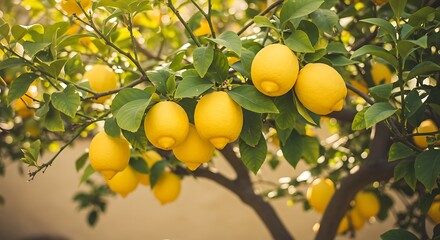 Vibrant lemons hanging on a tree branch with green leaves in natural sunlight
