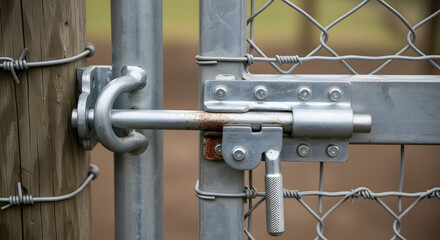 Close up shot of a metal gate latch securing a fence