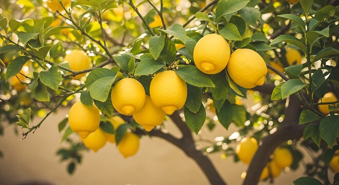 Vibrant lemons hanging on a tree branch with green leaves in natural sunlight