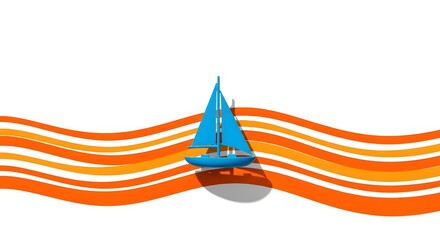 Blue Sailboat Navigating Abstract Orange Waves on White Background.