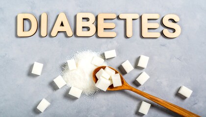 Diabetes Concept: Wooden Letters, Sugar Cubes, and Spoon on Textured Gray Background