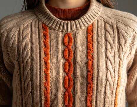 Close-up of a beige cable knit sweater with orange accents